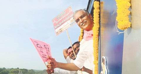 Finance and Health Minister T Harish Rao travels on the Siddipet-Secunderbad  train after flagging it off from Siddipet Tuesday