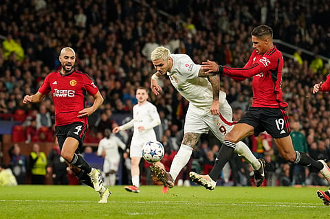 Galatasaray's Mauro Icardi scores his side's third goal during the Champions League group A football match between Manchester United and Galatasaray. (Photo | AP)