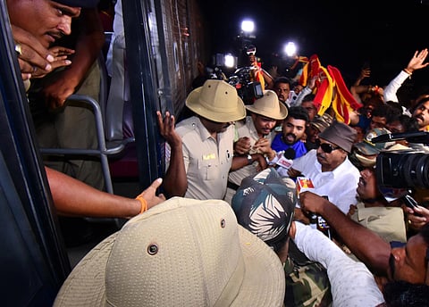 Kannada activist Vatal Nagaraj being  detained while trying to lay siege to KRS dam on Thursday. (Photo | Udayashankar S)