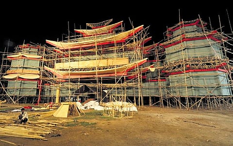 The under-construction Rasulgarh puja pandal based on Buddha temple of Taiwan, in Bhubaneswar on Saturday |  Shamim Qureshy