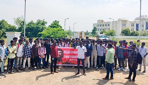 Students of Kumulur government arts and science college in Lalgudi, Tiruchy staged a protest in front of the college on Friday:Express