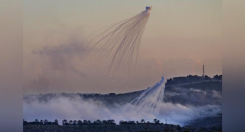 FILE - Shells that appear to be white phosphorus from Israeli artillery explode over Dahaira, a Lebanese border village with Israel, south Lebanon, on Oct. 16, 2023. (Photo | AP)