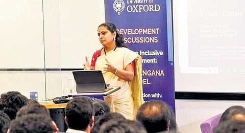 BRS MLC, Kalvakuntla  Kavitha speaks at a discourse at the University of Oxford in London on Tuesday. (Photo | Express)
