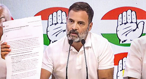 Congress leader Rahul Gandhi addresses a press conference. (Photo | PTI)