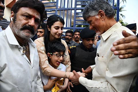 Chandrababu Naidu meets his brother-in-law N Balakrishna, his daughter-in-law Nara Brahmani and grandson Devansh after coming out of Rajamahendravaram Central Prison (Express)