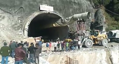 A portion of a tunnel under construction between Silkyara and Dandalgaon collapsed in  Uttarakhand. (Screengrab)