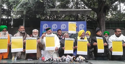 FILE - Samyukt Kisan Morcha leader Dr Darshan Pal, Hannan Mollah, Jagjit Singh Dallewal, Joginder Singh Ugrahan, Rakesh Tikait and Yogendra Yadav during a press conference. (Photo | Shekhar Yadav/EPS)