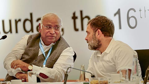 Congress President Mallikarjun Kharge with party leader Rahul Gandhi during Congress Working Committee Meeting, in Hyderabad, September 2023. 