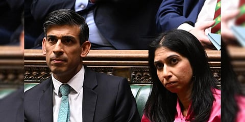 A file photo of Britain's Prime Minister Rishi Sunak (L) sitting next to Suella Braverman at the House of Commons, in London. (Photo | AFP)