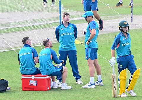 Australian players during a training session in Kolkata on Tuesday. (Photo | Bibhash Lodh)