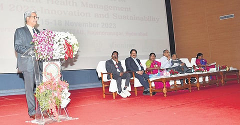 Dr SC Dubey, assistant director general, Plant Protection and Biosafety, ICAR  delivering his keynote address at PJTSAU on Wednesday