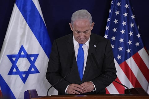 Israel's Prime Minister Benjamin Netanyahu makes statements with US Secretary of State Antony Blinken, after their meeting in Tel Aviv, Thursday, Oct. 12, 2023. 