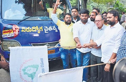 Civil rights activist Prof G Haragopal flags off the Nirudyoga Chaitanya Yatra at  Telangana Martyrs Memorial in Hyderabad | Vinay Madapu