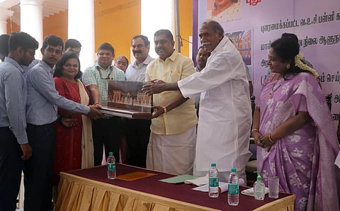 Lt. Gov Dr. Tamilisai Soundararajan, CM N. Rangasamy and education Minister A. Namassivayam  attended the Handing over of the renovated VOC School Building to Education Dept. (Photo | Sriram R, EPS)