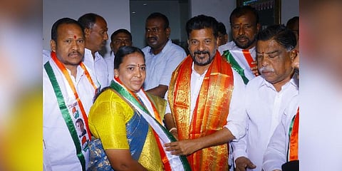 TPCC president A Revanth Reddy welcomes  BRS corporators into the Congress fold