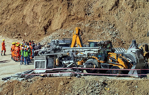Rescue and relief operations underway after a portion of a tunnel under construction between Silkyara and Dandalgaon on the Brahmakhal-Yamunotri national highway collapsed (Photo | PTI)