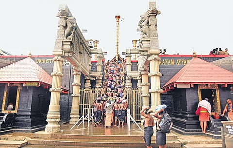 The new stone pillars erected to hold the hydraulic roof in front of the 18 Holy Steps at  Sabarimala temple. (Photo | Shaji Vettipuram)