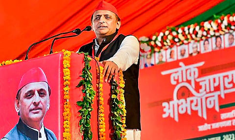 Samajwadi Party President Akhilesh Yadav speaks during a public meeting (Photo | PTI)