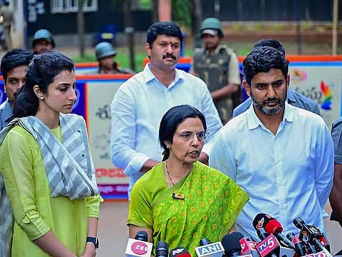Former Andhra Pradesh CM N Chandrababu Naidu's wife Nara Bhuvaneshwari, son Nara Lokesh and daughter-in-law Nara Brahmani (File Photo | PTI)