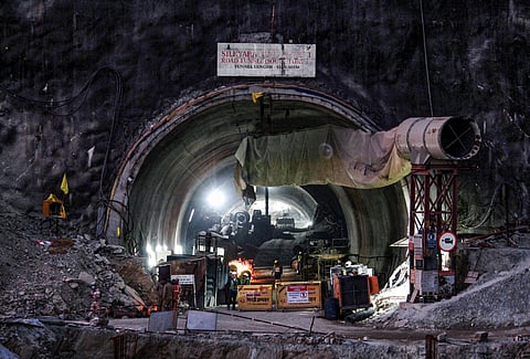 NDRF personnel at the under-construction tunnel between Silkyara and Dandalgaon, days after a portion of the tunnel collapsed trapping several workers inside.