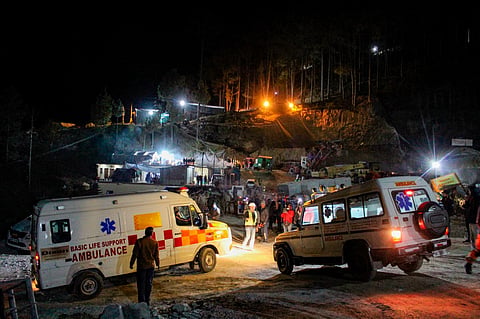 Ambulances on stand-by near the Silkayara tunnel where rescue operation of 41 workers trapped inside the tunnel for 10 days is underway on Wednesday, November 22, 2023. (Photo | PTI)
