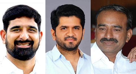 (L-R) BRS' Padi Koushik Reddy, Congress' V Pranav and BJP's Eatala Rajender are engaged in a three-way battle for the Huzurabad Assembly Constituency. (Photo | EPS) 