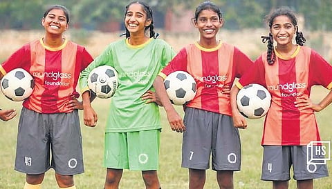 (Above and below) Village girls in Punjab part of the One Girl, One Football initiative
