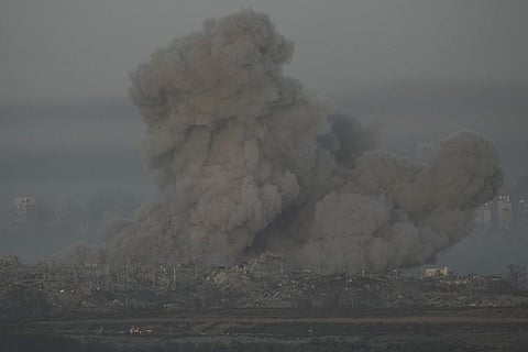 Smoke rises following an Israeli airstrike in the Gaza Strip, moments before the start of a temporary cease-fire between Hamas and Israel, Thursday, Nov. 23, 2023. (Photo | AP)