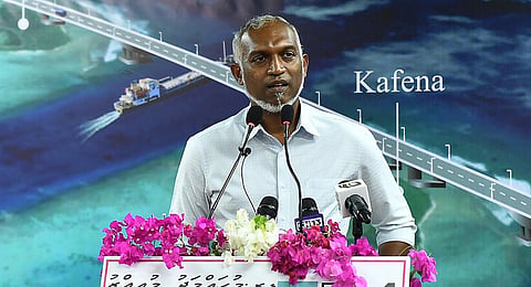 FILE - Mohamed Muizzu speaks during an election campaign rally in Thinadhoo on September 26, 2023, ahead of the second round of the Maldives' presidential election. (Photo | AFP)