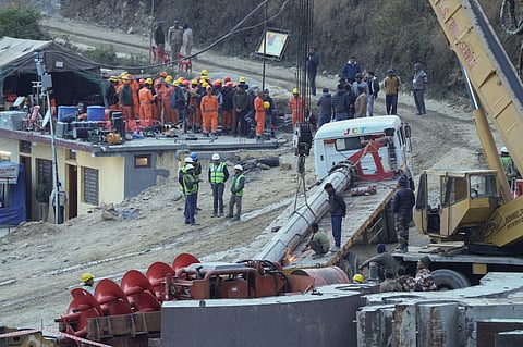 A vertical drilling machine being brought at the Silkyara Bend-Barkot Tunnel on Saturday, November 25, 2023. (Photo | PTI)
