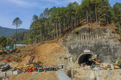 A view near the entrance of the Silkyara Tunnel during a rescue operation of 41 workers trapped inside it, in Uttarkashi district, Sunday, Nov. 26, 2023. (Photo | PTI)