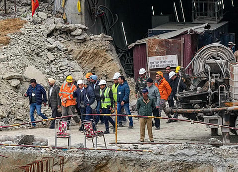Officials review the rescue operation being conducted to extract the 41 workers trapped inside the collapsed Silkyara Tunnel in Uttarkashi district on Monday (Photo | PTI)