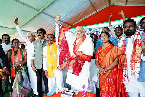 Home minister Amit Shah at Huzurabad public meeting appeals people support BJP candidate Eatala Rajender in Huzurabad of Karimnagar district on Monday. (Photo | Express)