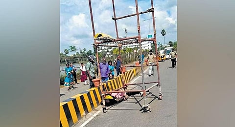 While the victims were pushing this iron ladder towards the institute, it brushed against a low-hanging live wire. (Photo | Express)