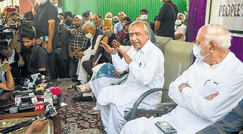 FILE - Leaders of the six-party Gupkar Alliance during a joint press conference in Srinagar, August 2021. (Photo | PTI)