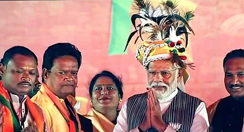 Prime Minister Narendra Modi during a public meeting in Kanker, Chhattisgarh, Thursday, Nov. 2, 2023. (PTI)