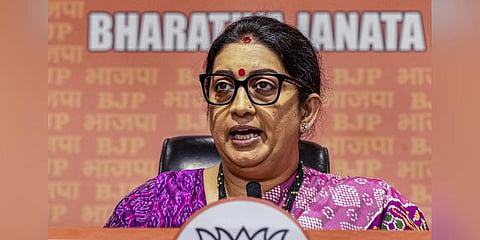 Union Minister Smriti Irani addresses a press conference over an alleged payment of about Rs 508 crore by a betting app to Chhattisgarh Chief Minister Bhupesh Baghel, at BJP headquarters in New Delhi