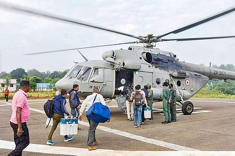 Polling officials leave for poll duty from Dantewada ahead of the first phase of voting for the Chhattisgarh Assembly elections, on Monday, Nov. 6, 2023. (Photo | PTI)