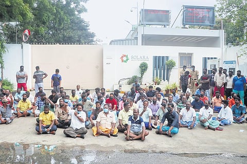 Following the accident, locals staged a protest in front of the company, demanding a thorough probe and permanent closure of Solara Active Pharma Sciences. (Photo | Sriram R)