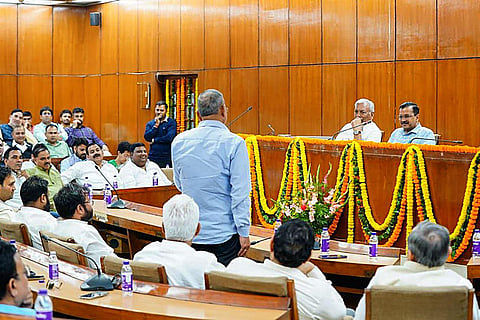 Delhi Chief Minister Arvind Kejriwal during a meeting with AAP MLAs over recent ED summons, in New Delhi, Monday, Nov. 6, 2023. (Photo | PTI)