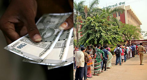 FILE - These images from 2016 shows: (L)  A person showing the new Rs 500 denomination; (R) People waiting outside the RBI to exchange their currency after Centre's demonetistion move. (Photo | EPS)