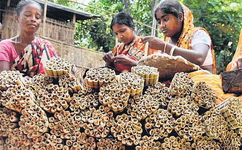 Image of bidi rolling work done by women