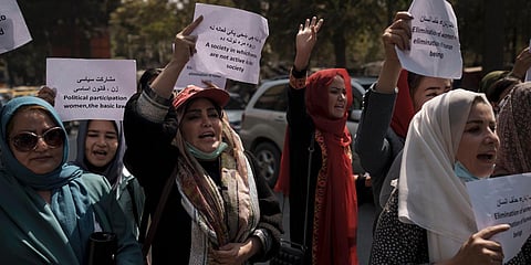 In this January 2022 image, Afghan women march to demand their rights under the Taliban rule during a demonstration near the former Women's Affairs Ministry building in Kabul. (File photo| AP)