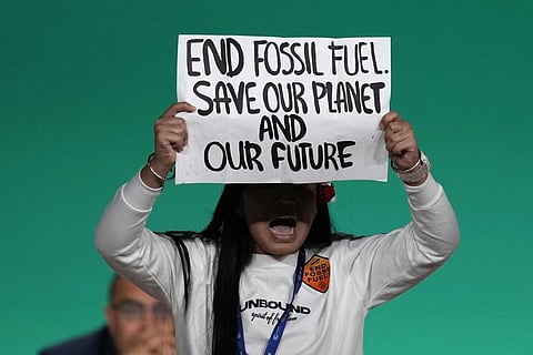 Indian climate activist Licypriya Kangujam protests against the use of fossil fuels during an event at the COP28 UN Climate Summit in Dubai (AP Photo)