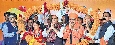 Rajasthan CM-designate Bhajan Lal Sharma with senior leaders Rajnath Singh, C P Joshi, and Vasundhara Raje after the BJP Legislature Party meeting in Jaipur on  Tuesday | PTI