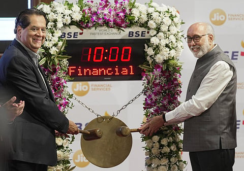 File photo showing Jio Financial Services Ltd Independent Director and non-Executive Chairman KV Kamat during its listing (PTI)