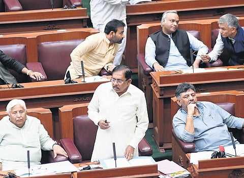 Home Minister Dr G Parameshwara makes a point in the Legislative Assembly  in Belagavi on Tuesday | Express