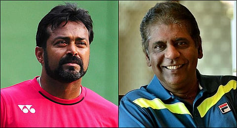 Former doubles world No.1 Leander Paes and former player, broadcaster and promoter Vijay Amritraj. (File photo)