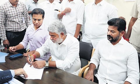 Gaddam Prasad Kumar files his nomination papers in the presence of Chief Minister  A Revanth Reddy, Sircilla MLA K T Rama Rao and other leaders on Wednesday