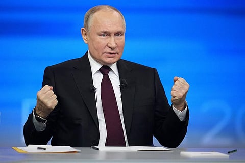 Russian President Vladimir Putin speaks during his annual news conference in Moscow, Russia, Thursday, Dec. 14, 2023. (AP Photo)